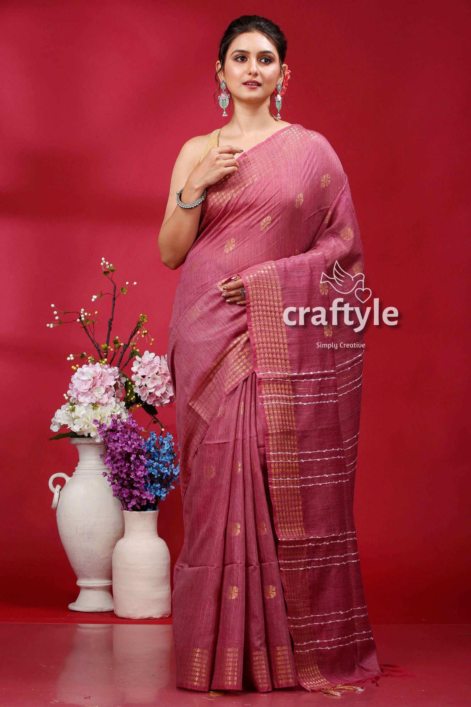 Pink Pearl Soft Ghicha Silk Saree with Golden Zari Border - Bhagalpuri Silk - Craftyle