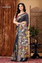 Pitch Black Lotus Motif Kantha Silk Saree - Bengal Heritage - Craftyle