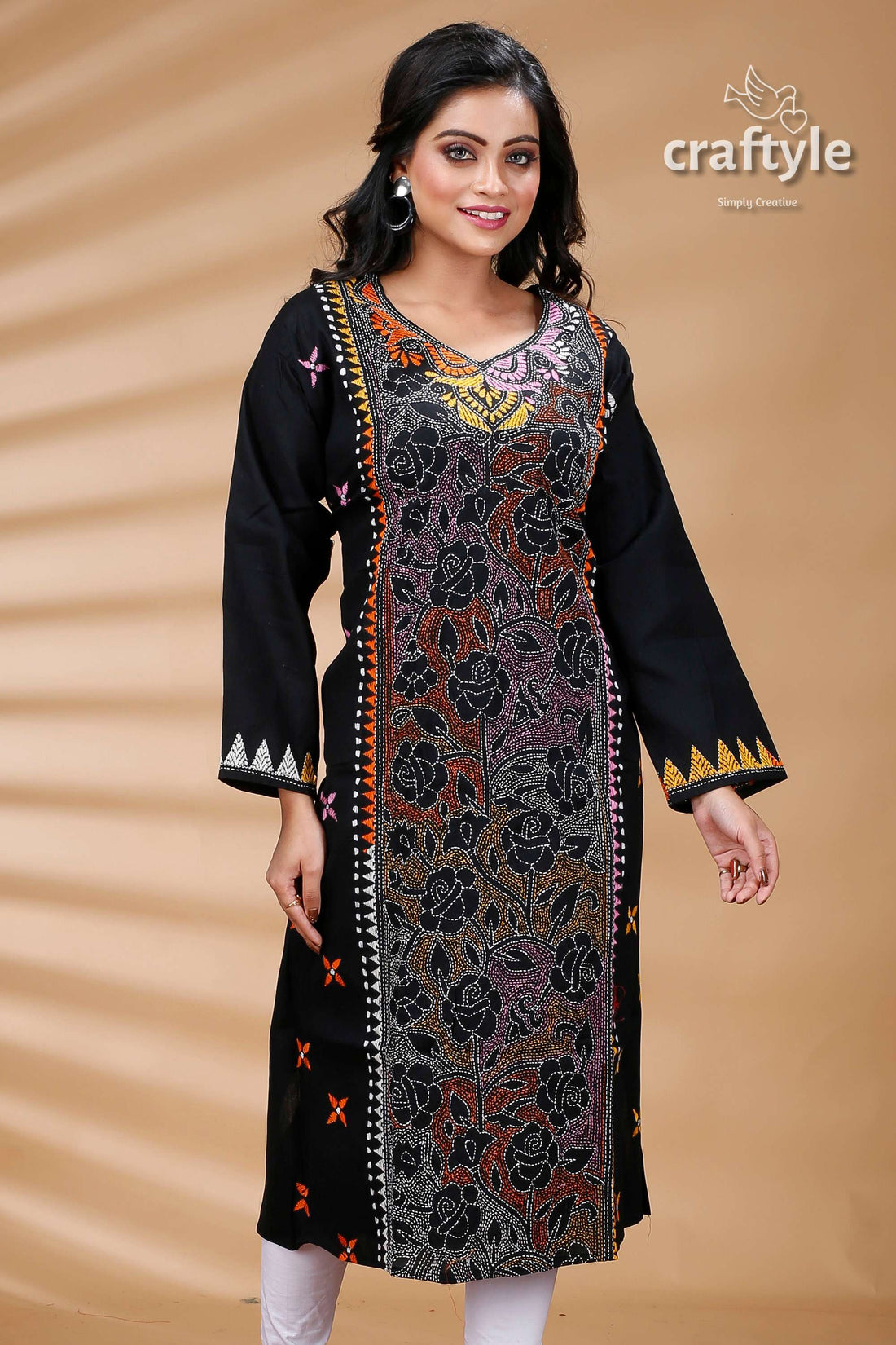 Pitch Black Multicolor Thread Reverse Cotton Kantha Kurti - Craftyle