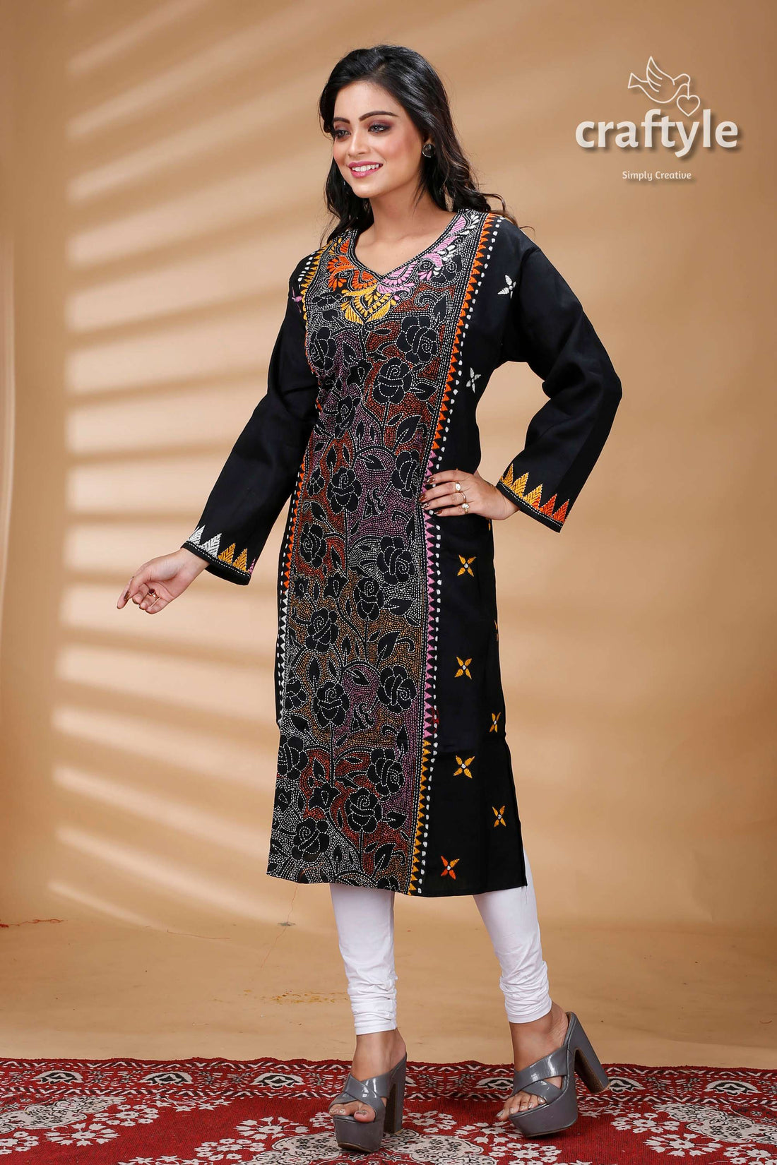 Pitch Black Multicolor Thread Reverse Cotton Kantha Kurti - Craftyle