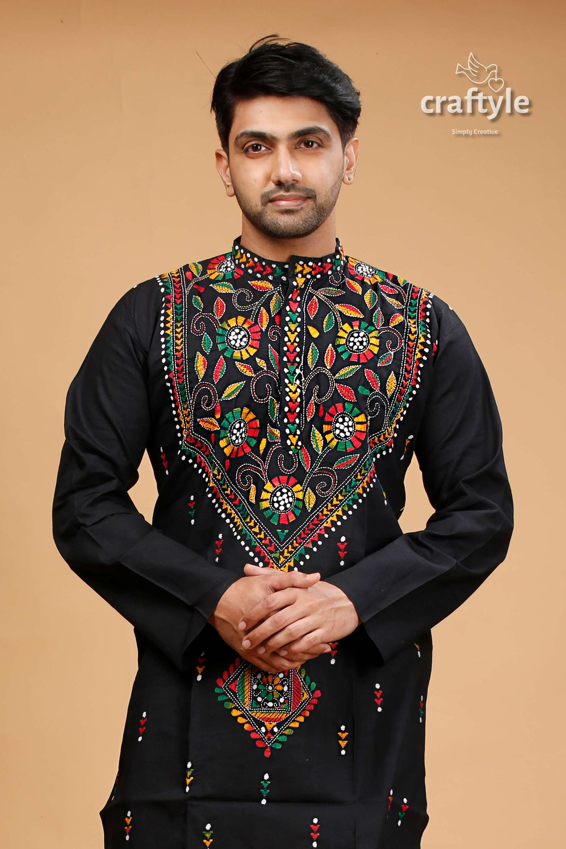 Pitch Black Multithread Hand Kantha Stitched Mens Kurta - Craftyle