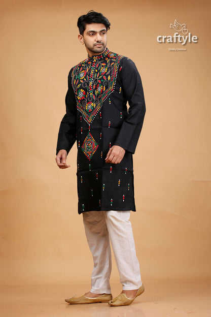 Pitch Black Multithread Hand Kantha Stitched Mens Kurta - Craftyle