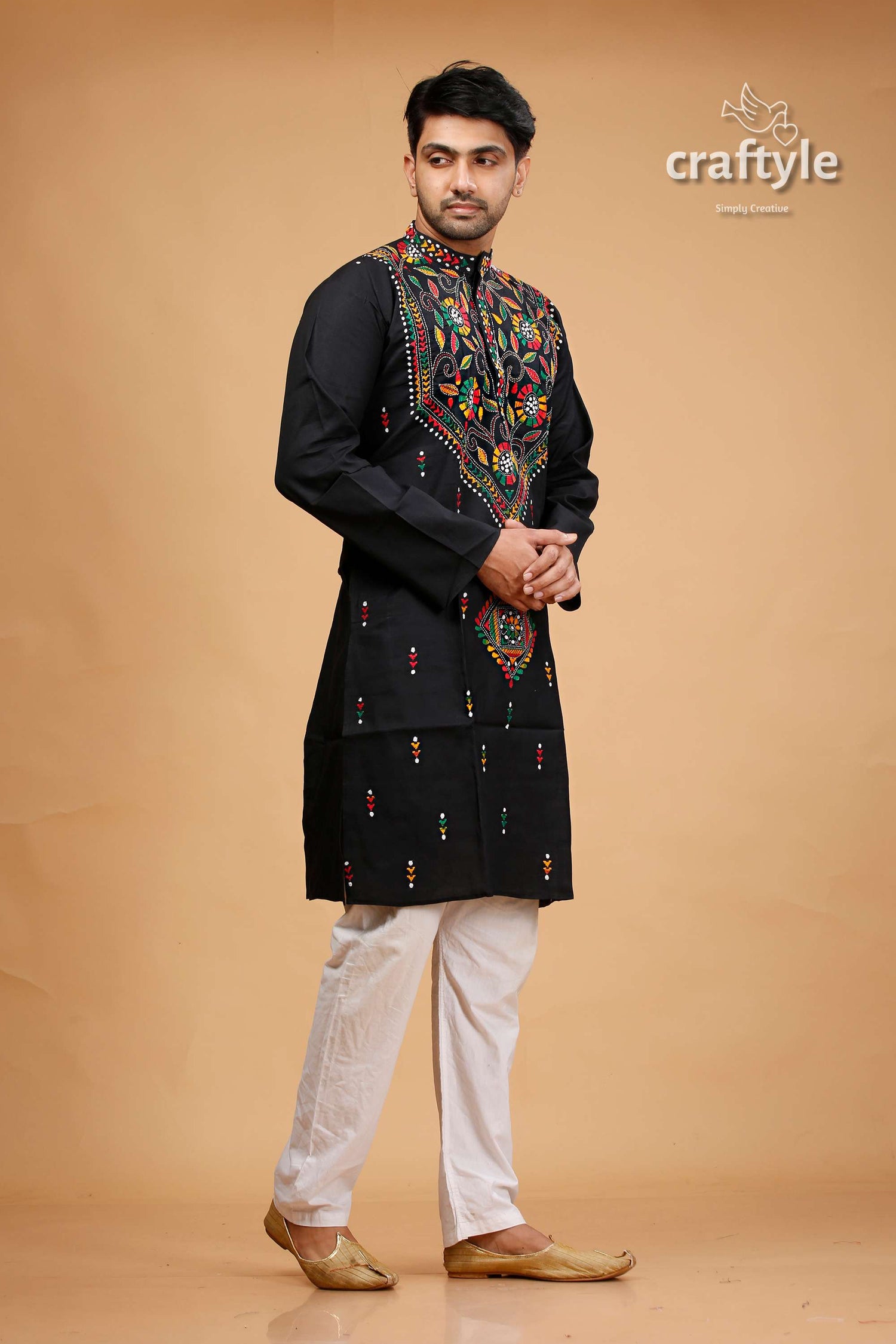 Pitch Black Multithread Hand Kantha Stitched Mens Kurta - Craftyle