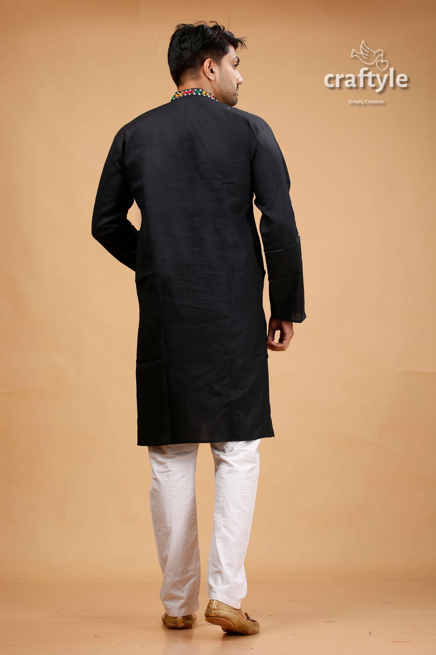 Pitch Black Multithread Hand Kantha Stitched Mens Kurta - Craftyle