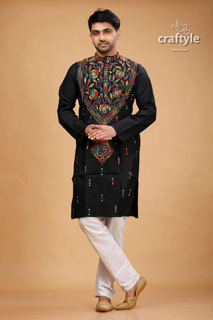 Pitch Black Multithread Hand Kantha Stitched Mens Kurta - Craftyle