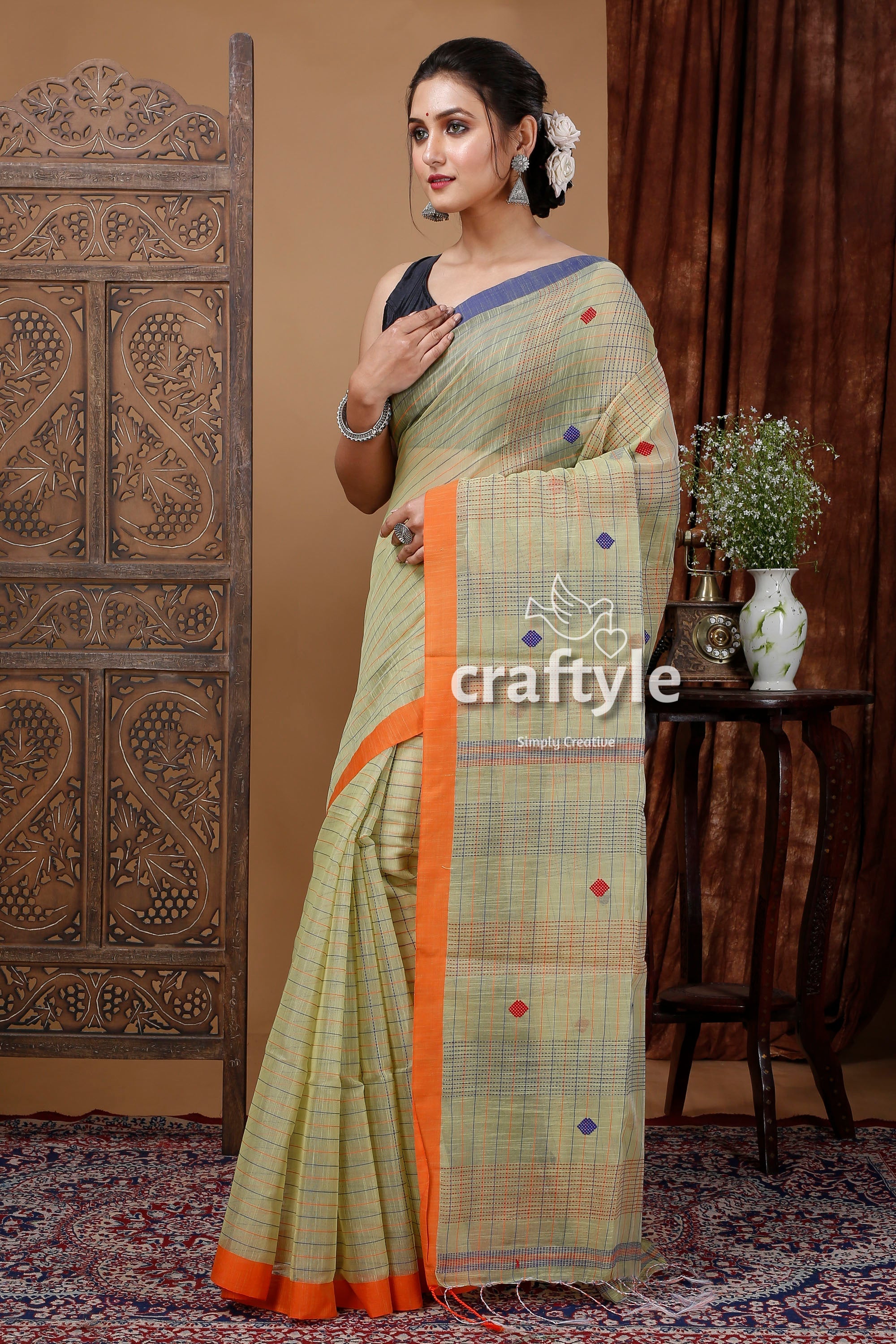 Pixie Green Handloom Cotton Saree with Delicate Stitching - Perfect for Work or Special Occasions-Craftyle