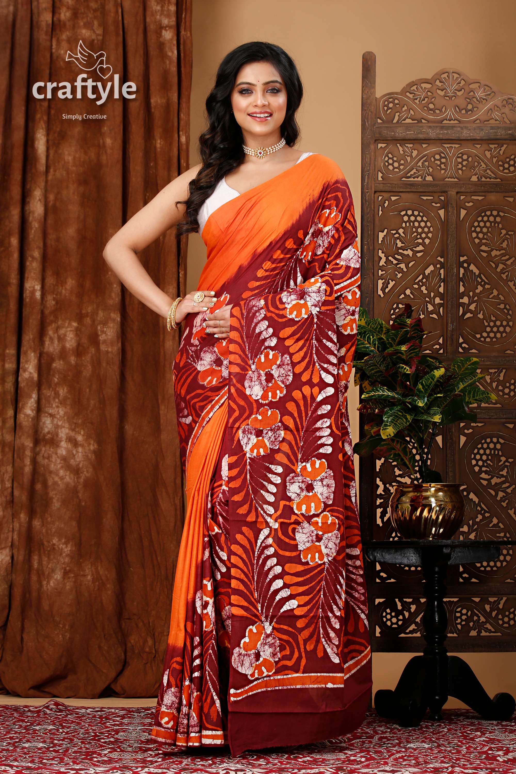 Premium Cotton Batik Saree with Alpana Design - Handcrafted Luxury - Craftyle