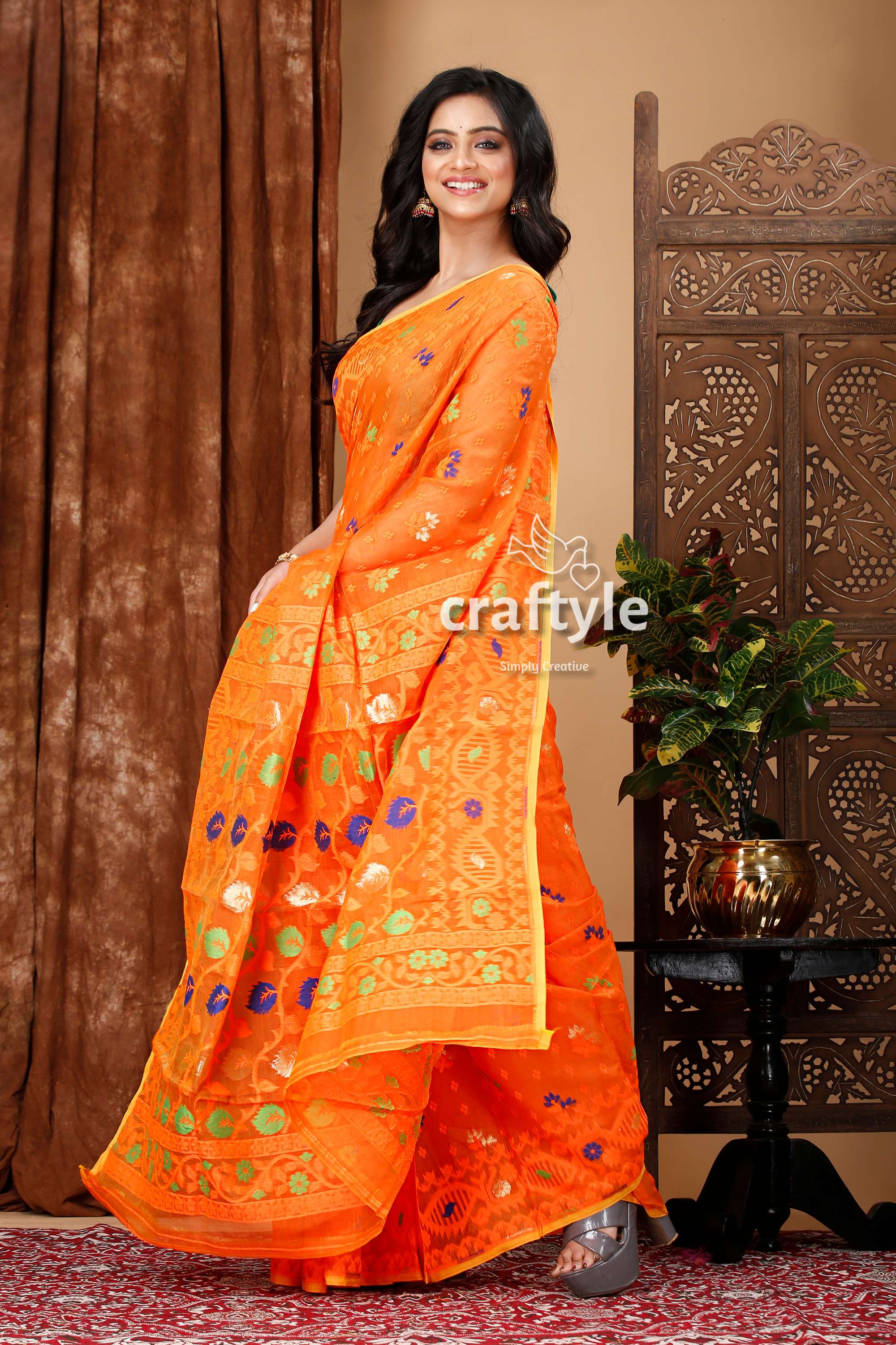 Pumpkin Orange Bengal Handloom Jamdani Saree - Craftyle