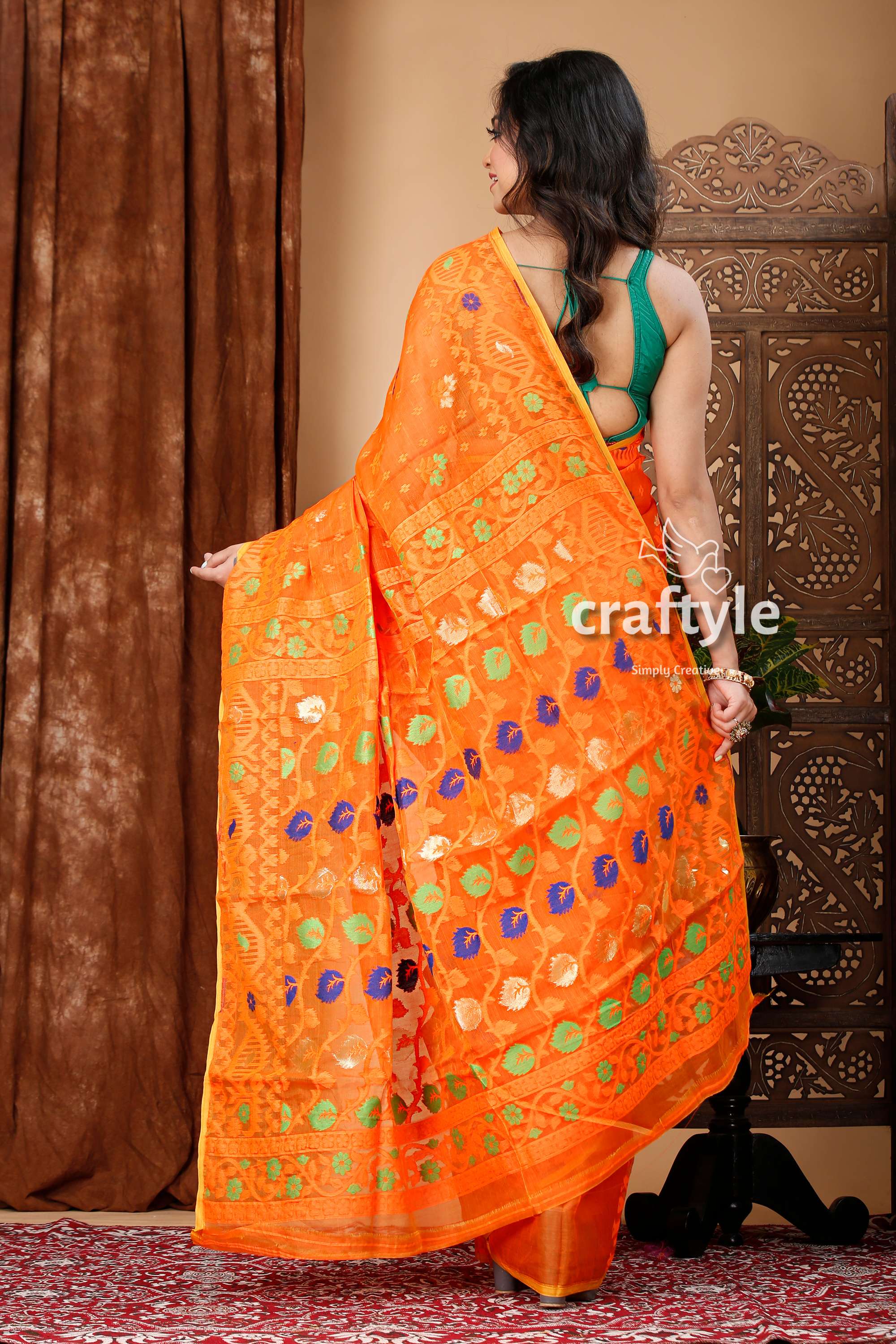 Pumpkin Orange Bengal Handloom Jamdani Saree - Craftyle