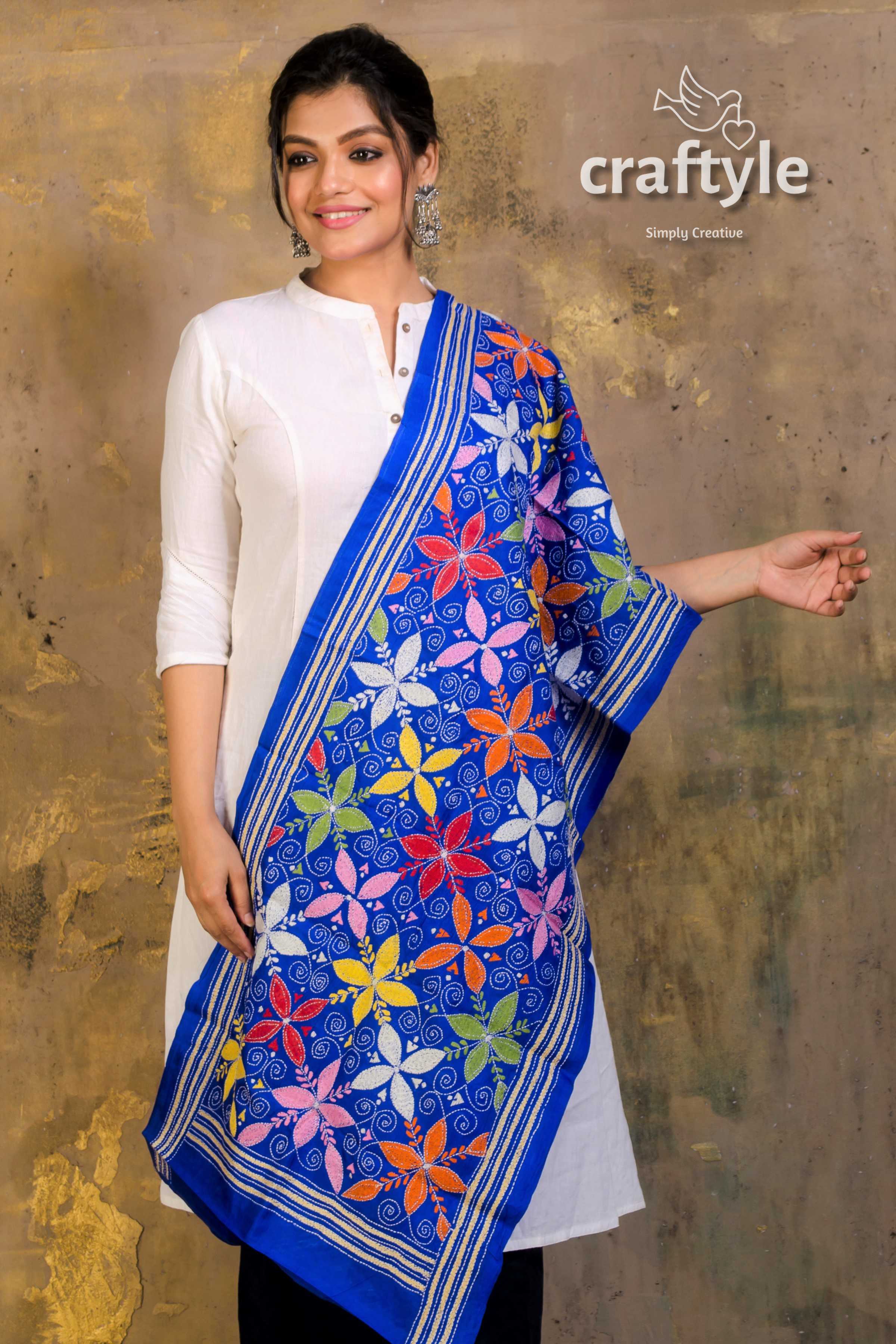 Pure Silk Embroidered Kantha Stole - Craftyle