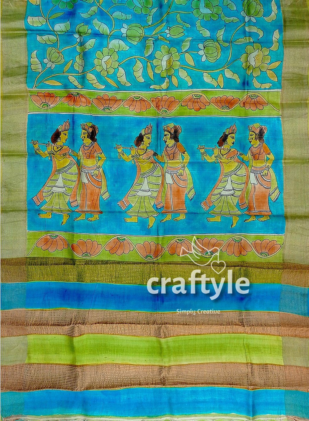 Pure Tussar Kalamkari Saree - Handpainted Radha Krishna Design - Craftyle