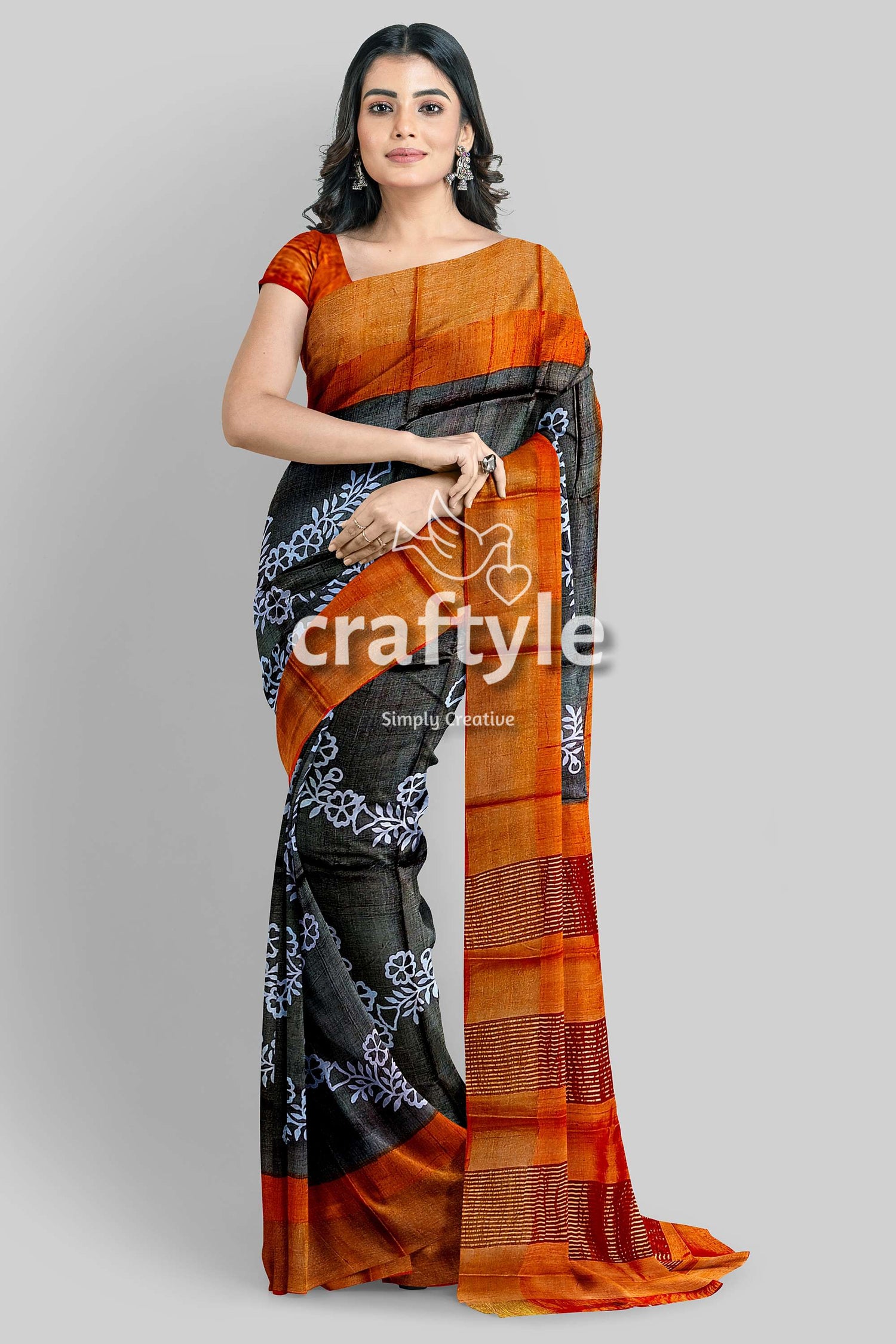 Pure Tussar Saree - Hand Block Print in Black Cocoa Brown with Zari Border - Craftyle