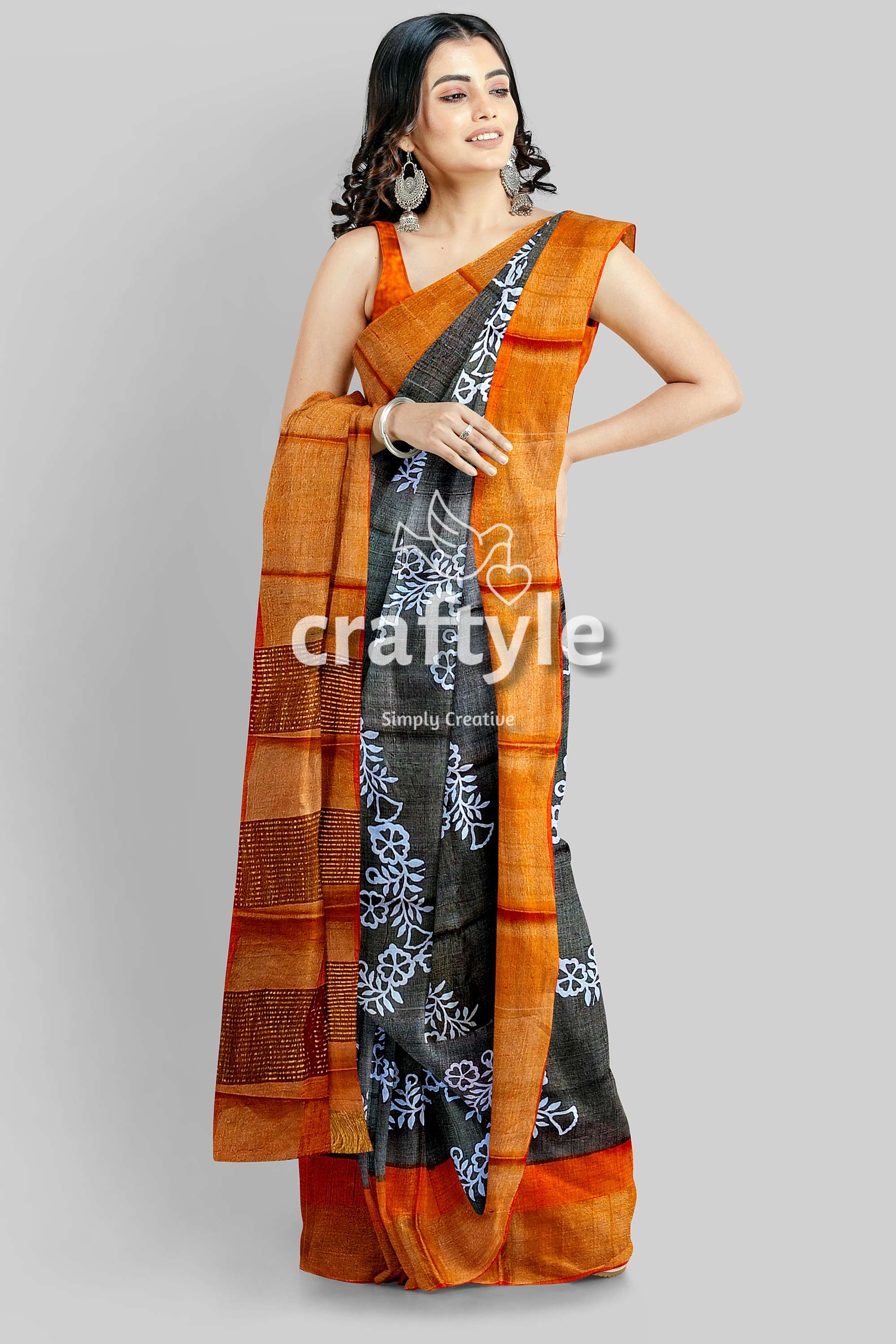 Pure Tussar Saree - Hand Block Print in Black Cocoa Brown with Zari Border - Craftyle