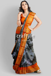 Pure Tussar Saree - Hand Block Print in Black Cocoa Brown with Zari Border - Craftyle