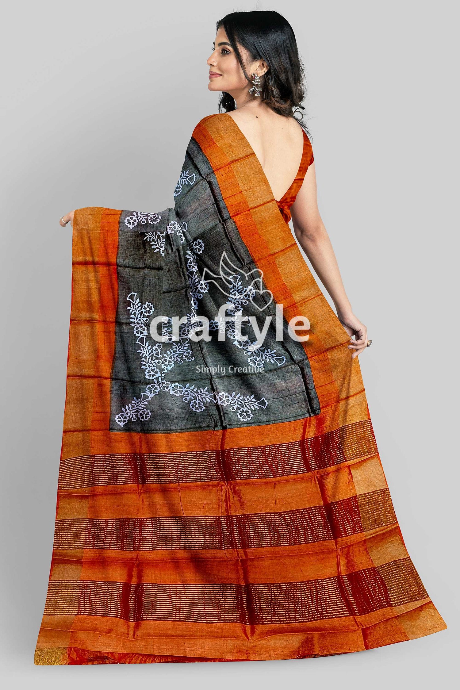 Pure Tussar Saree - Hand Block Print in Black Cocoa Brown with Zari Border - Craftyle