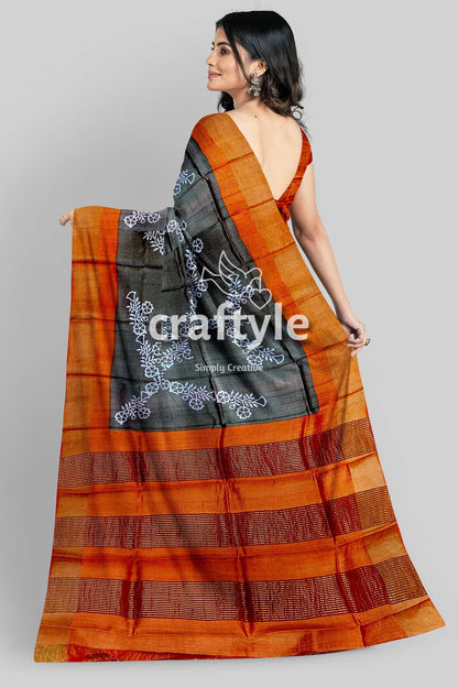 Pure Tussar Saree - Hand Block Print in Black Cocoa Brown with Zari Border - Craftyle