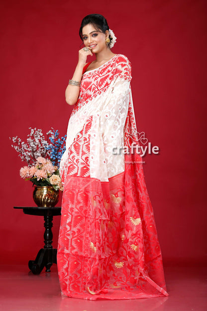 Radical Red and White Traditional Dhakai Jamdani Saree - Craftyle