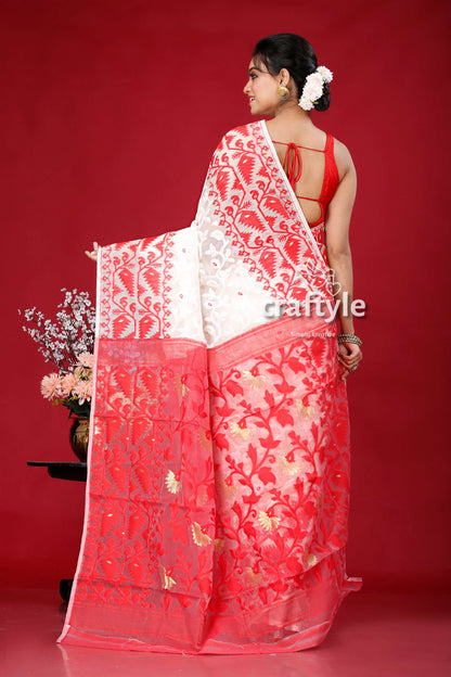 Radical Red and White Traditional Dhakai Jamdani Saree - Craftyle