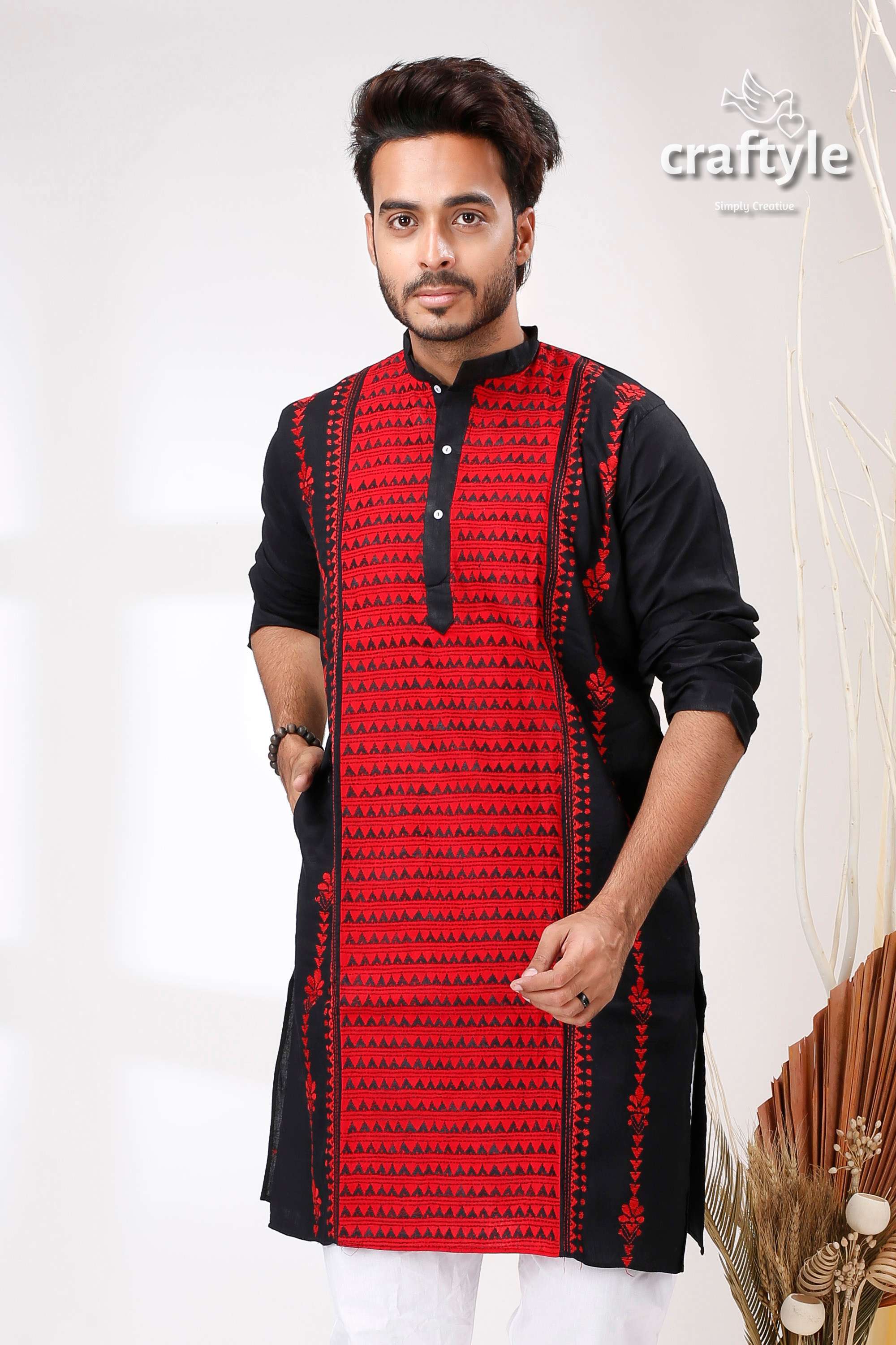 Raven Black and Red Kantha Stitch Cotton Kurta for Men - Craftyle