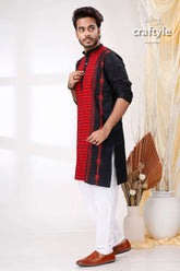 Raven Black and Red Kantha Stitch Cotton Kurta for Men - Craftyle