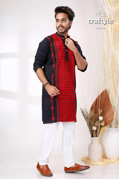 Raven Black and Red Kantha Stitch Cotton Kurta for Men - Craftyle