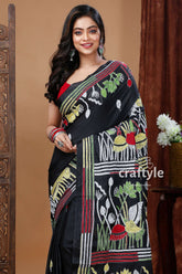 Raven Black Lotus Design Silk Kantha Stitch Saree-Craftyle