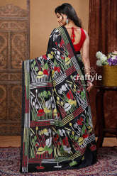 Raven Black Lotus Design Silk Kantha Stitch Saree-Craftyle