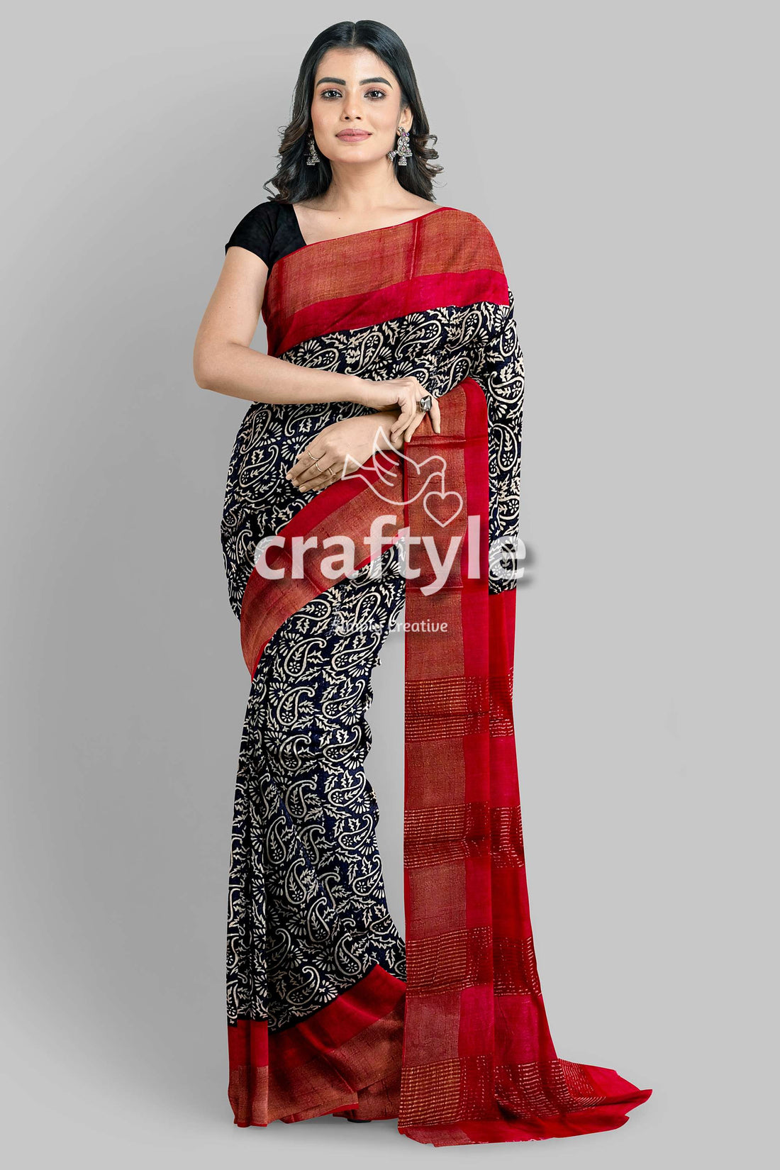 Raven Black Red Hand Block Print Zari Border Pure Tussar Saree - Craftyle