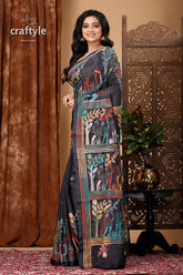 Raven Black Village Theme Exquisite Silk Kantha Saree - Craftyle