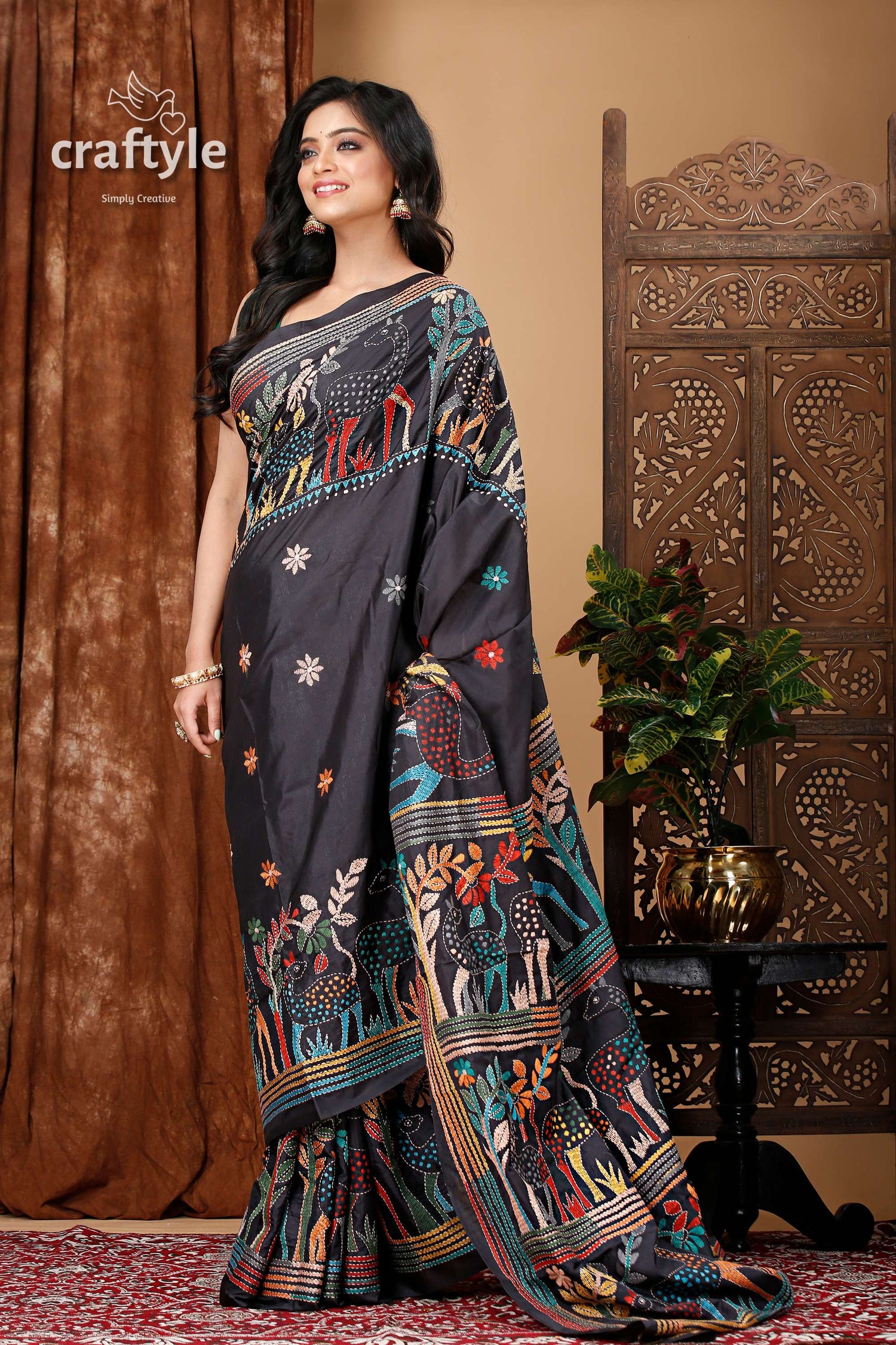 Raven Black Village Theme Exquisite Silk Kantha Saree - Craftyle