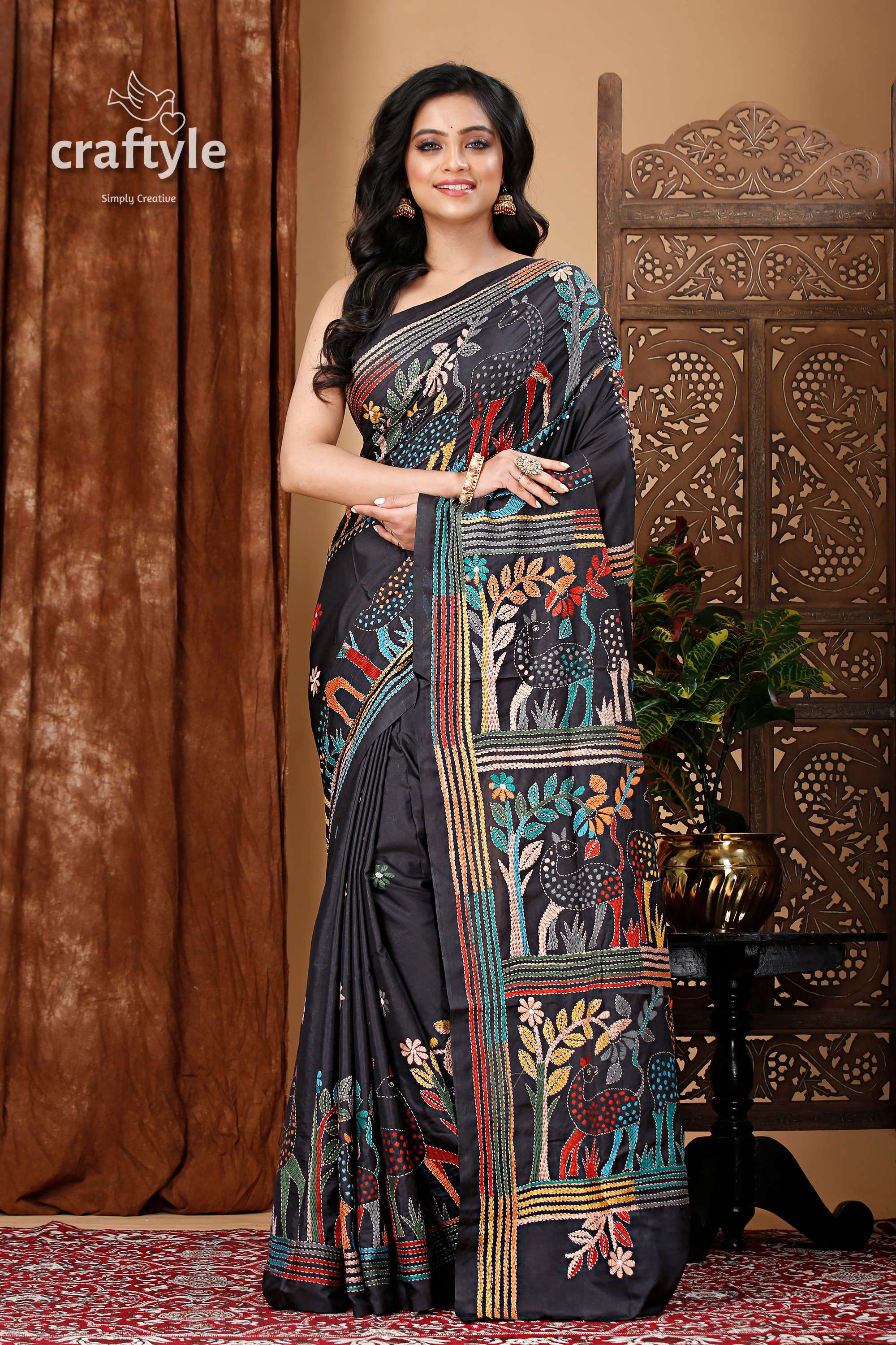 Raven Black Village Theme Exquisite Silk Kantha Saree - Craftyle