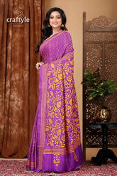 Rebecca Purple and Orange Silk Kantha Work Saree - Craftyle