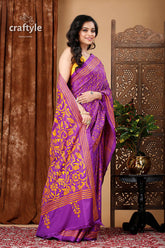 Rebecca Purple and Orange Silk Kantha Work Saree - Craftyle