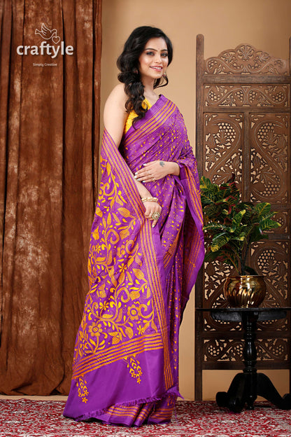 Rebecca Purple and Orange Silk Kantha Work Saree - Craftyle