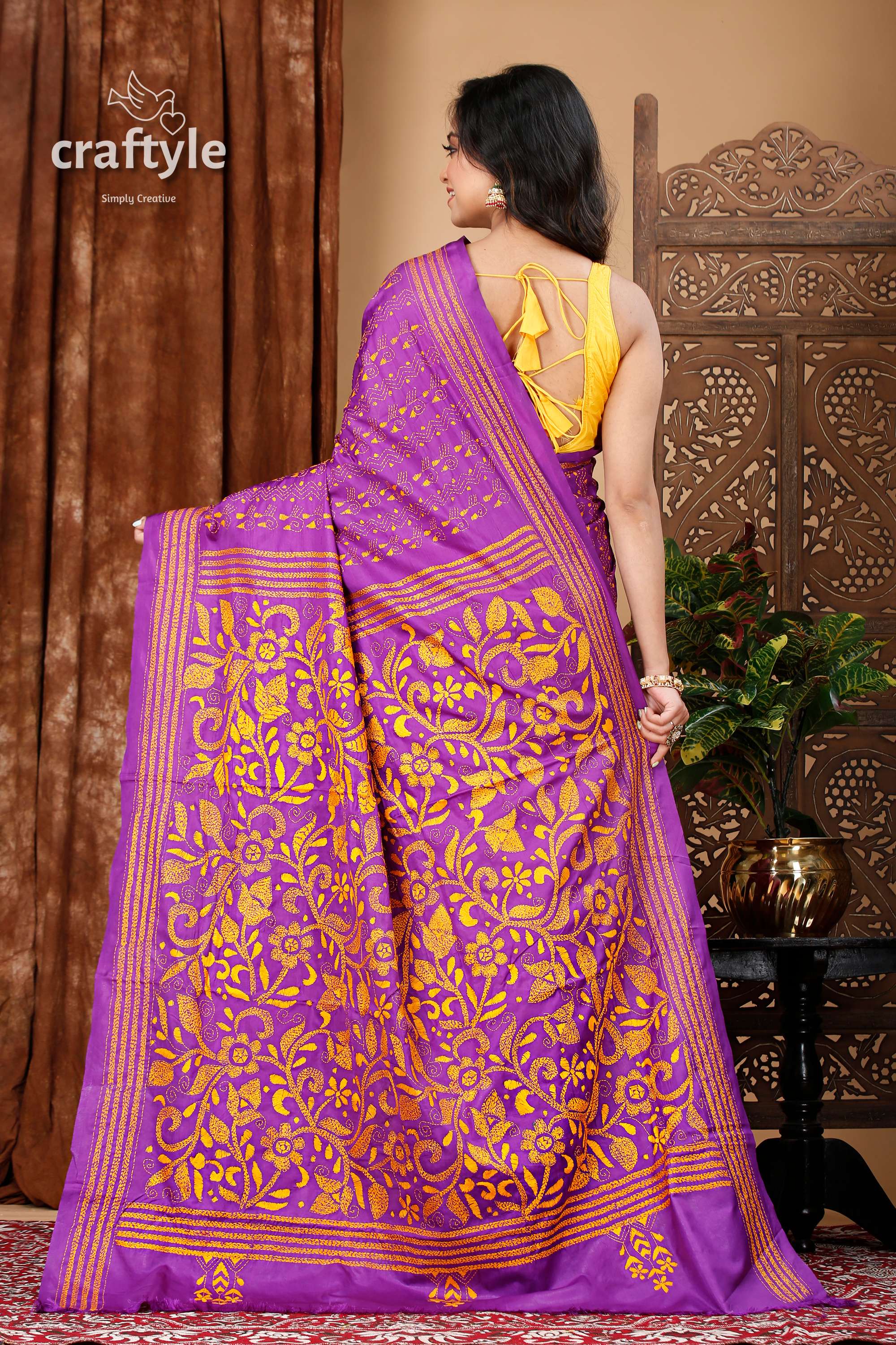 Rebecca Purple and Orange Silk Kantha Work Saree - Craftyle