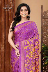 Rebecca Purple and Orange Silk Kantha Work Saree - Craftyle