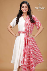 Red and White Desighner Cotton Gown With Belt - Craftyle