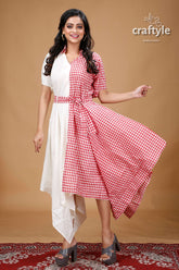 Red and White Desighner Cotton Gown With Belt - Craftyle