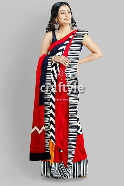 Red &amp; Black Hand Block Print Mulberry Pure Silk Saree - Craftyle