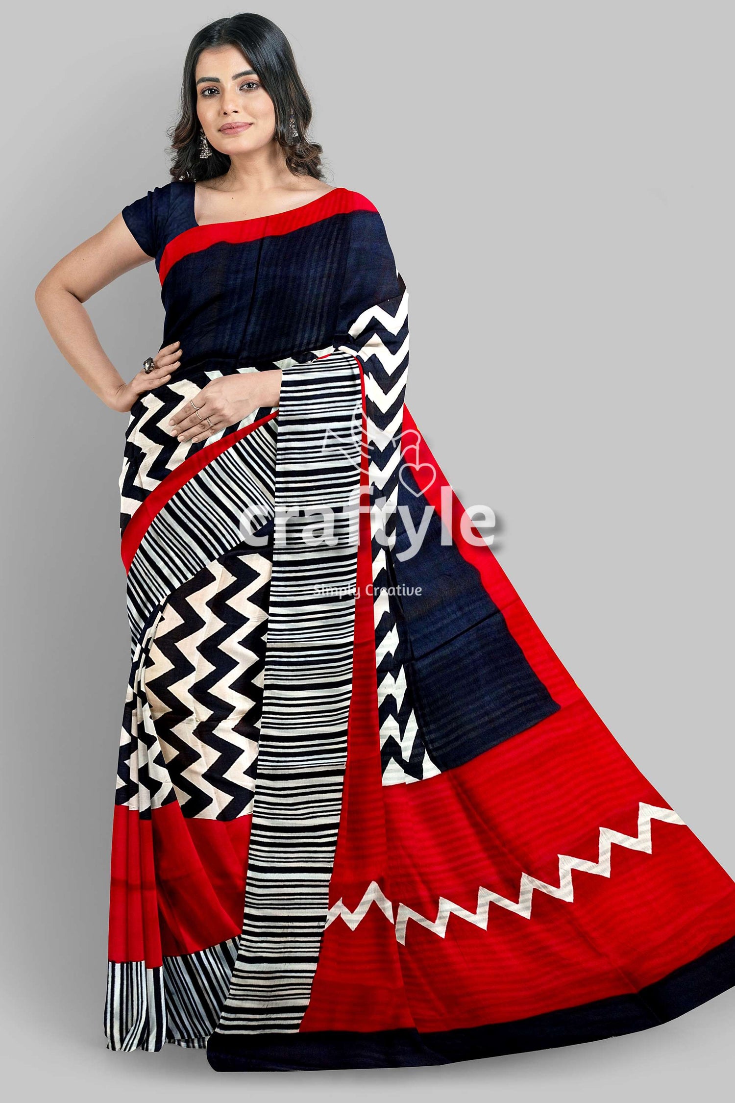 Red &amp; Black Hand Block Print Mulberry Pure Silk Saree - Craftyle