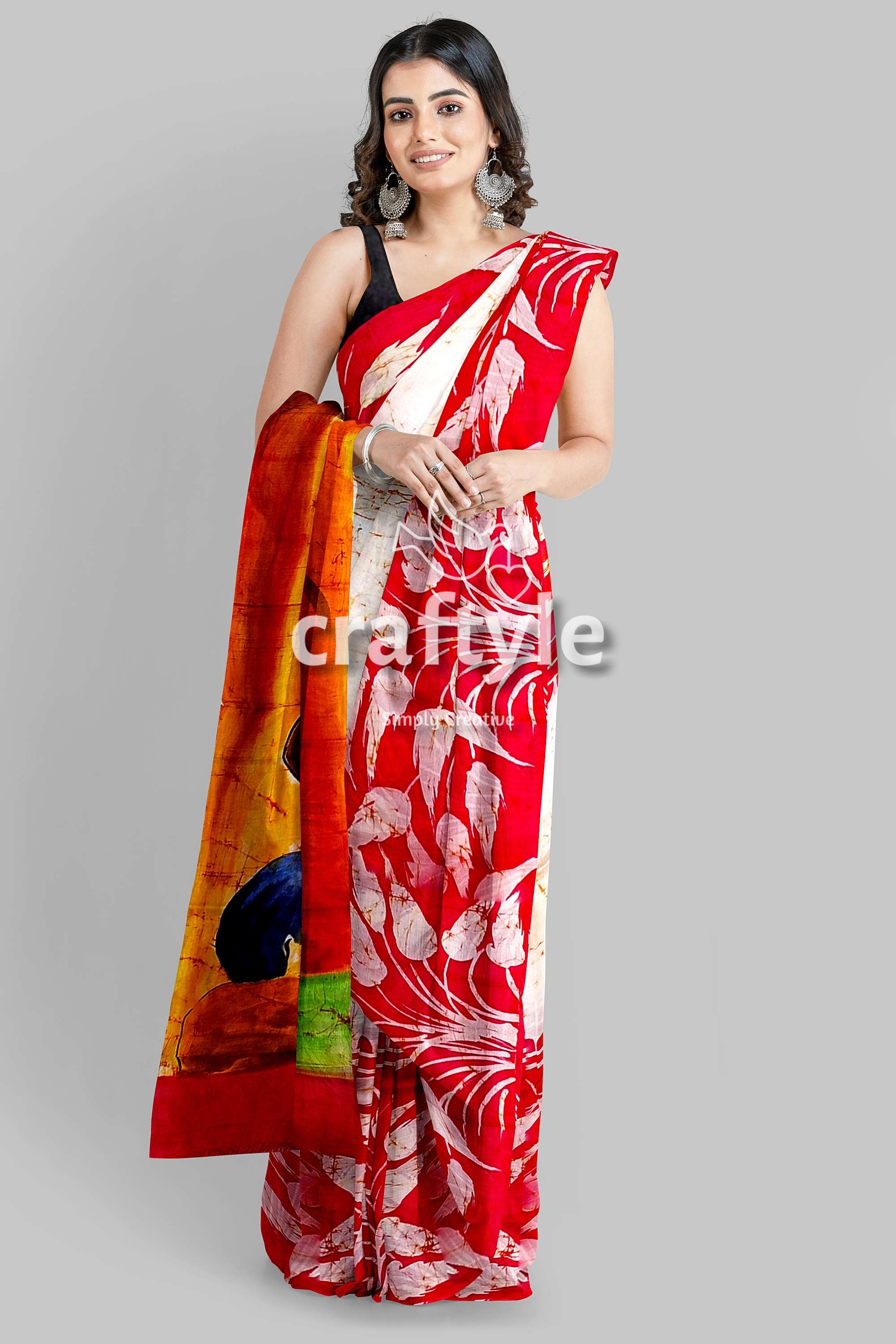 Red White Goddess Handpainted Batik Silk Saree - Mulberry Pure Silk Ma ...