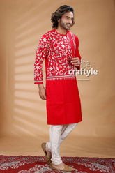 Red & White Hand Embroidered Kantha Stitch Cotton Mens Kurta - Craftyle