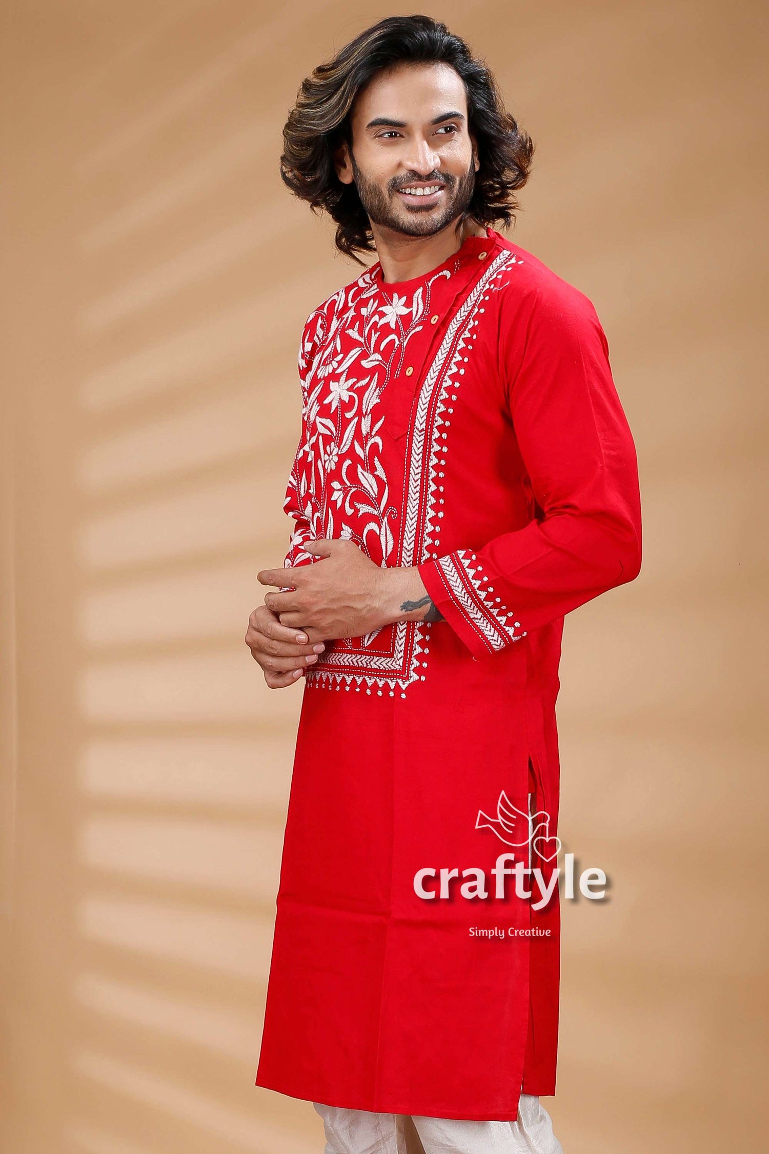 Red &amp; White Hand Embroidered Kantha Stitch Cotton Mens Kurta - Craftyle