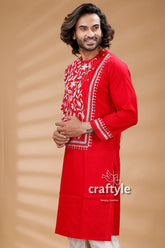 Red & White Hand Embroidered Kantha Stitch Cotton Mens Kurta - Craftyle