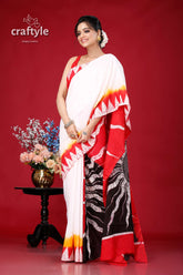 Red White Pure Cotton Hand Batik Saree - Artisan Made Elegant Design - Craftyle