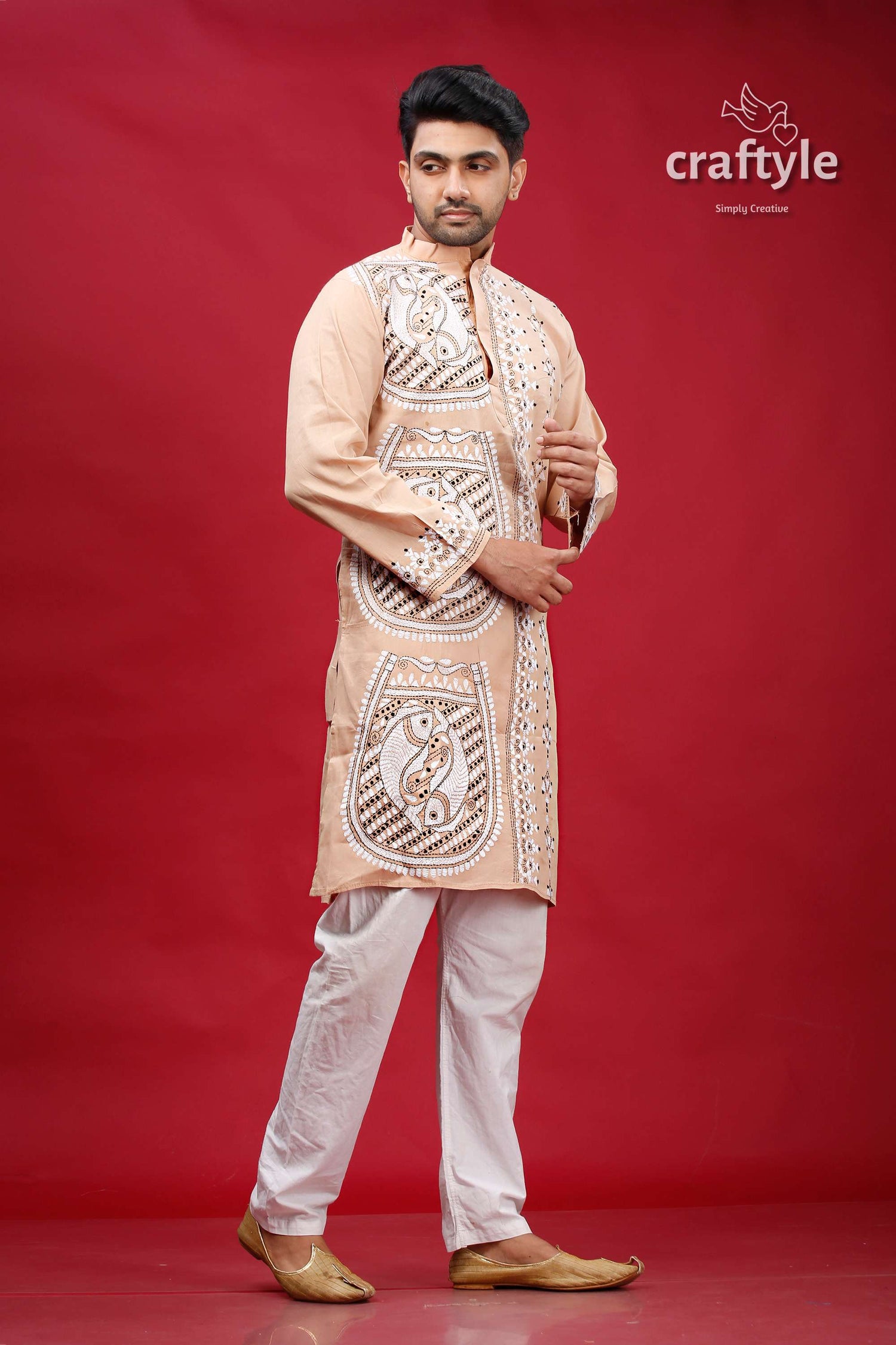 Rodeo Dust Fish Design Kantha Stitch Cotton Kurta for Men - Craftyle