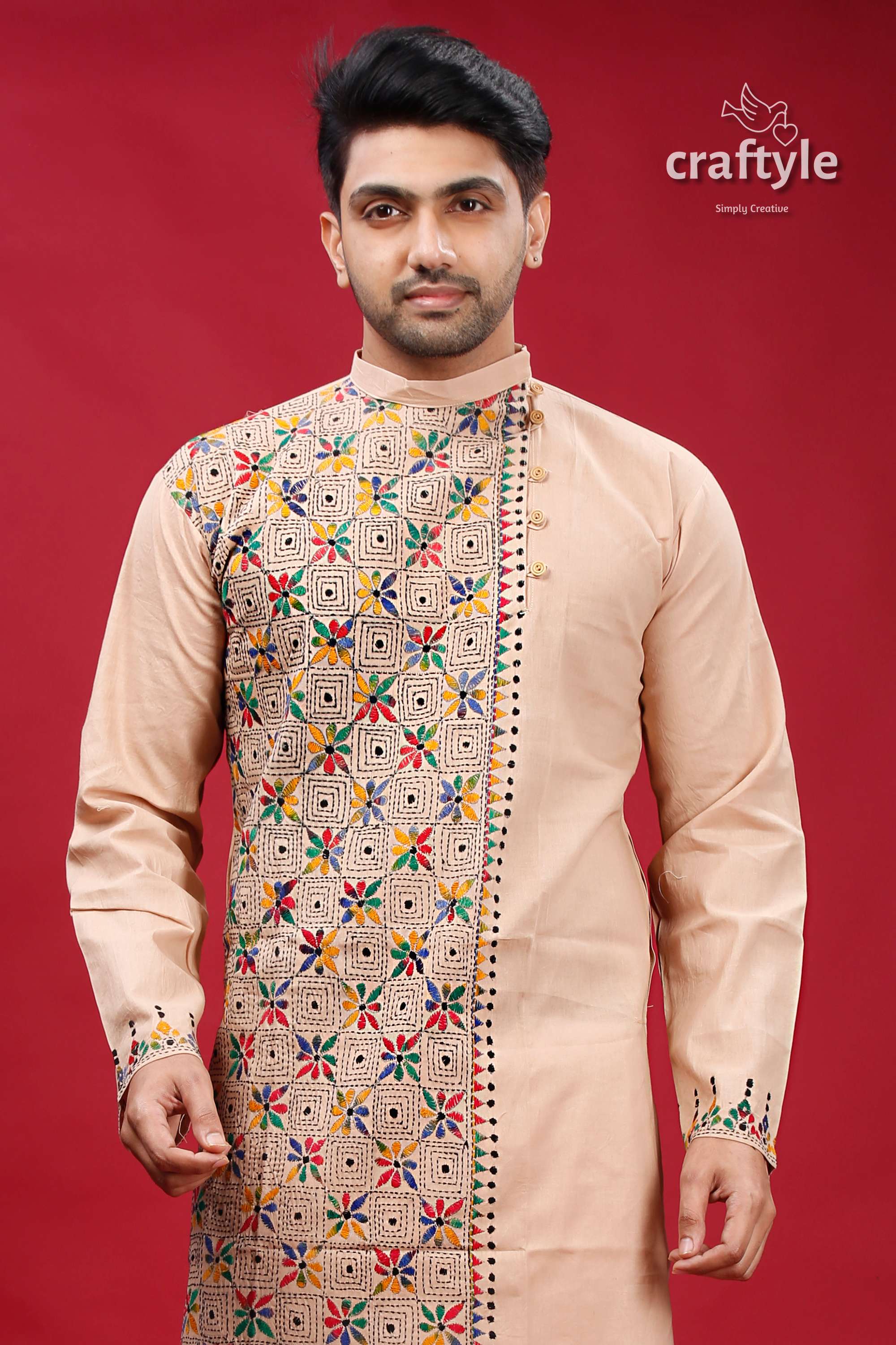 Rodeo Dust Hand Embroidered Kantha Cotton Kurta for Men - Craftyle