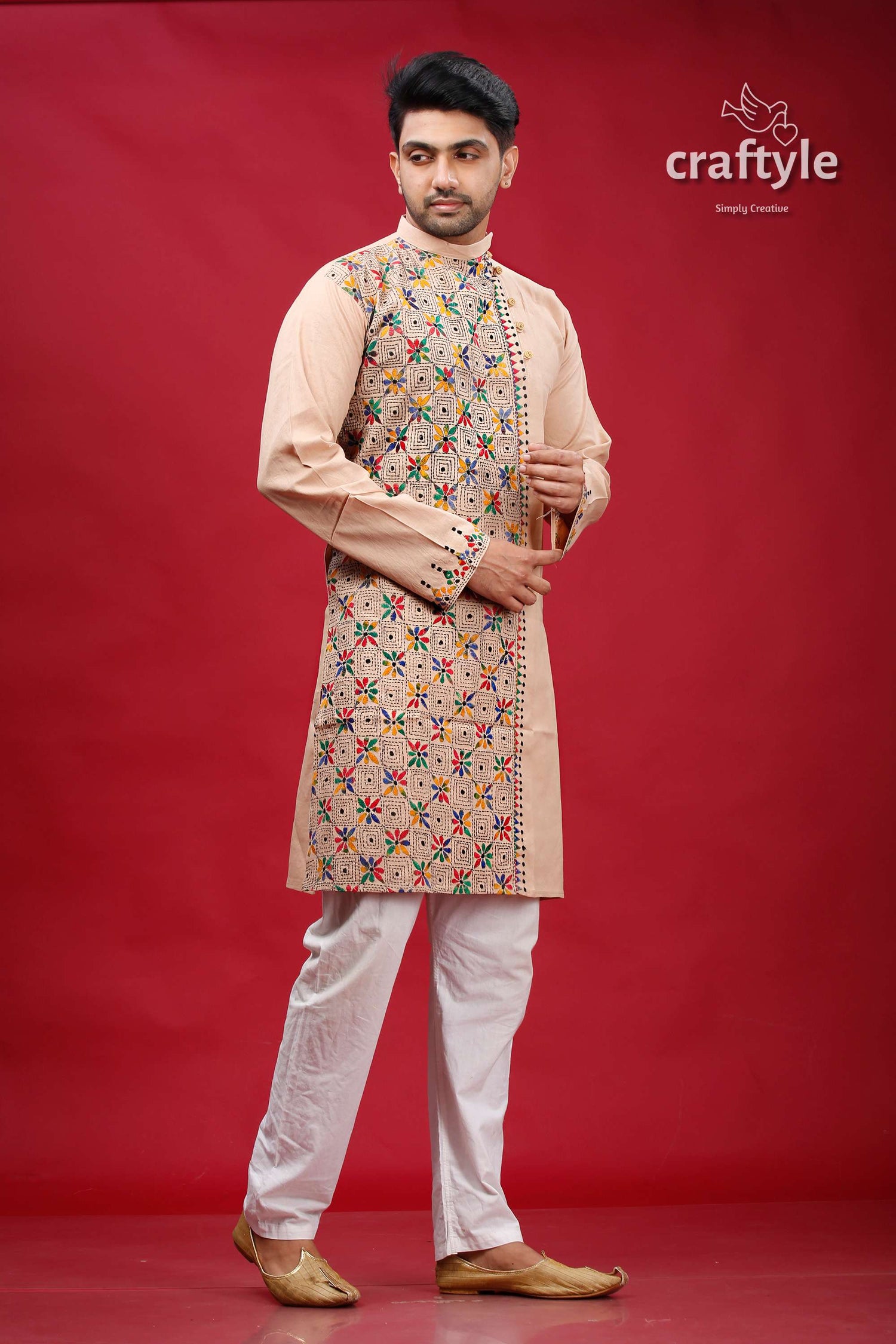 Rodeo Dust Hand Embroidered Kantha Cotton Kurta for Men - Craftyle