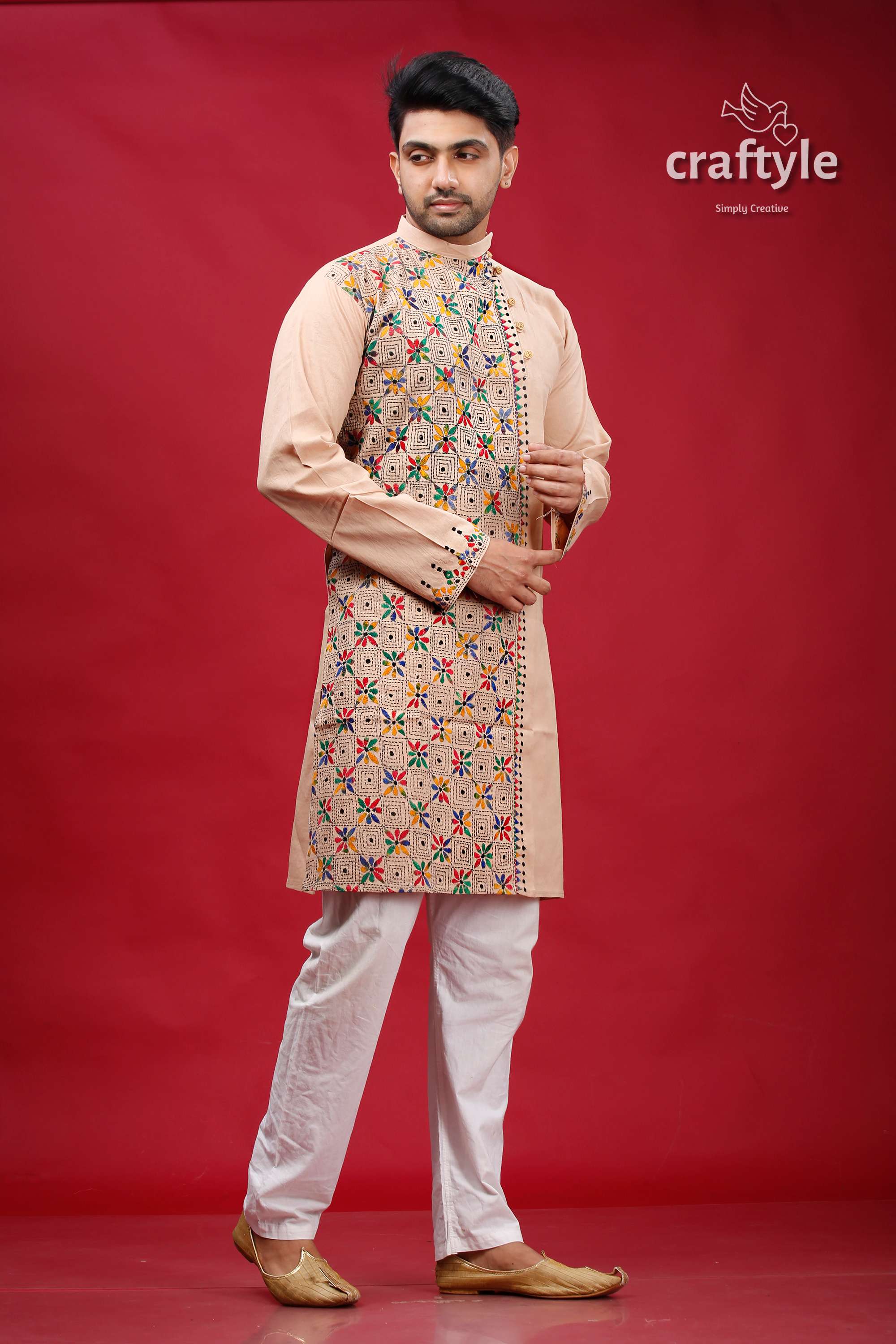 Rodeo Dust Hand Embroidered Kantha Cotton Kurta for Men - Craftyle