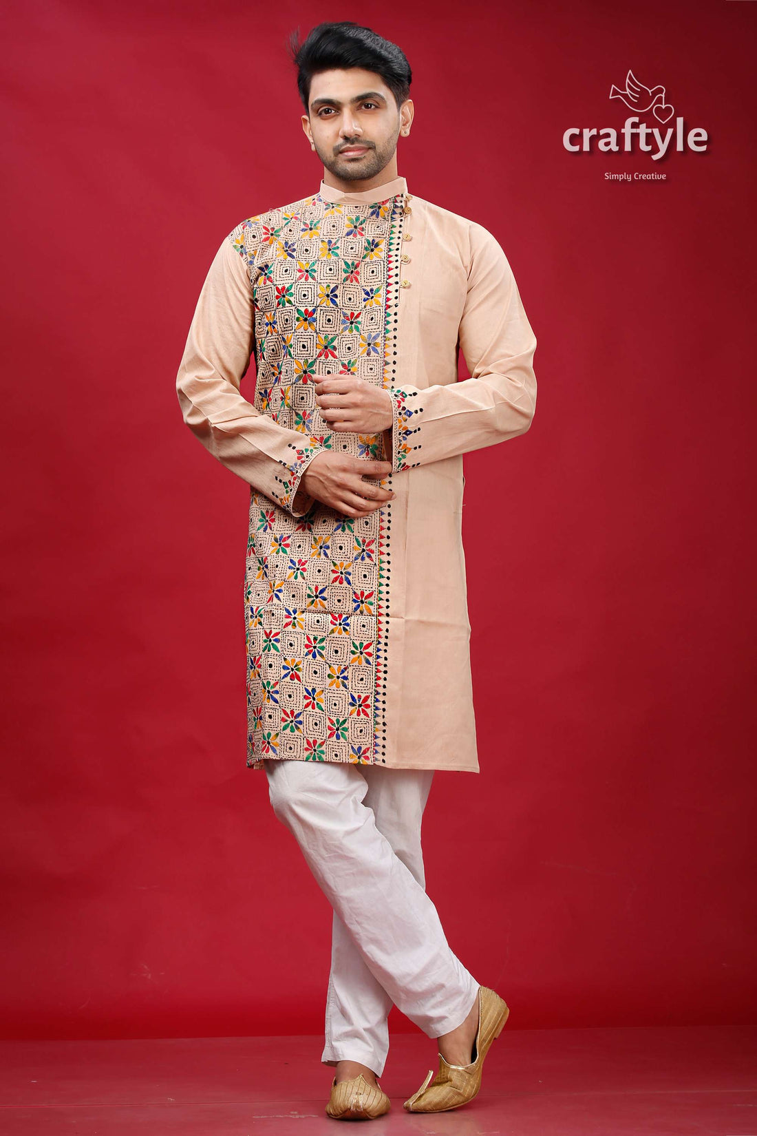 Rodeo Dust Hand Embroidered Kantha Cotton Kurta for Men - Craftyle